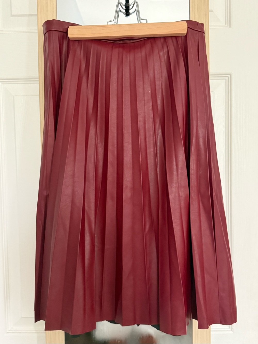 JCrew Pleated Faux Leather Midi Skirt in Burgundy